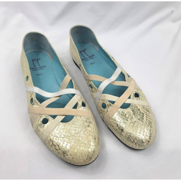 Thierry Rabotin Shoes - Thierry Rabotin Womens Gold Metallic Snakeskin Elastic Strap Ballet Flats 39.5